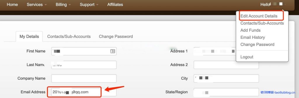 搬瓦工BandwagonHost注册邮箱(Email Address)查看与修改教程分享-老刘博客