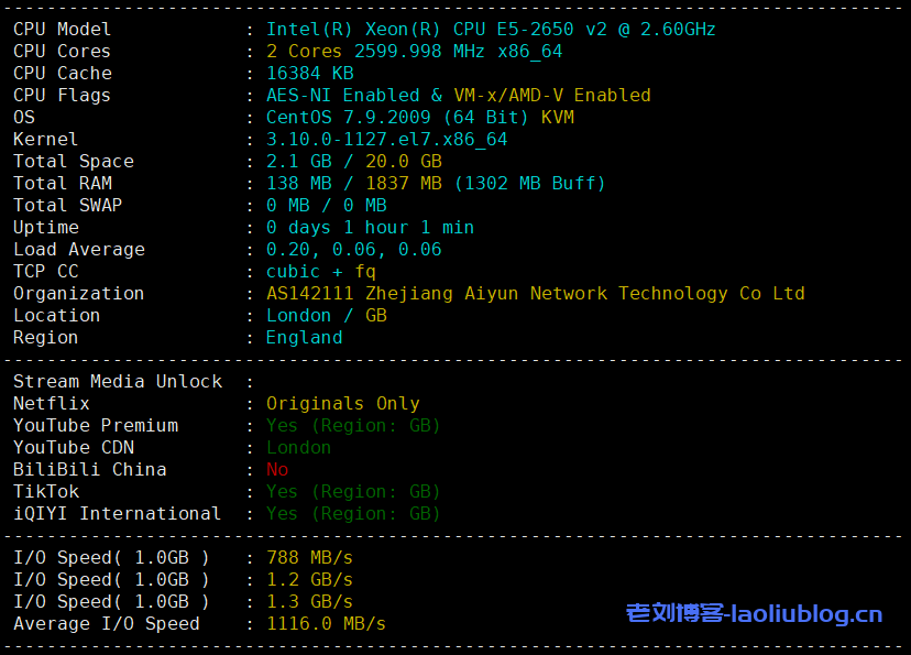 测评【艾云iaclouds】卖的最好的VPS：常规应用服务器Standard-V2（伦敦Pro Tiktok ISP），英国原生IP，硬盘I/O高达1.3GB/s，无限制流量@500Mbps峰值速率，免费20Gbps DDoS防御